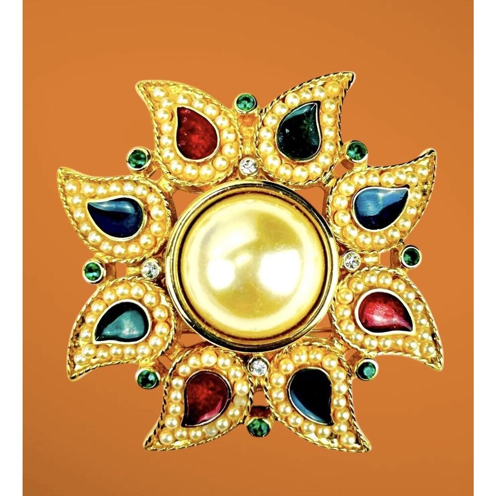 Vintage KJL Brooch Pendant Sunburst Paisley Enameled India Kenneth J Lane Signed